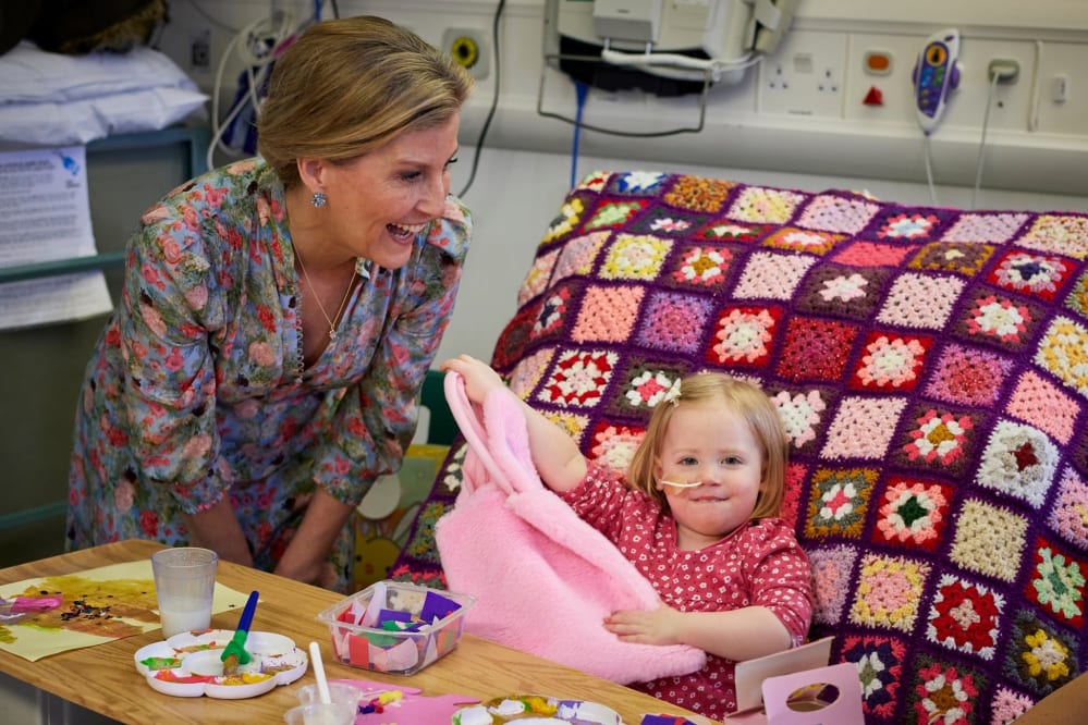Her Royal Highness The Duchess of Edinburgh meets two year old Astrid on the Neurosciences Ward at Leeds Childrens Hospital
