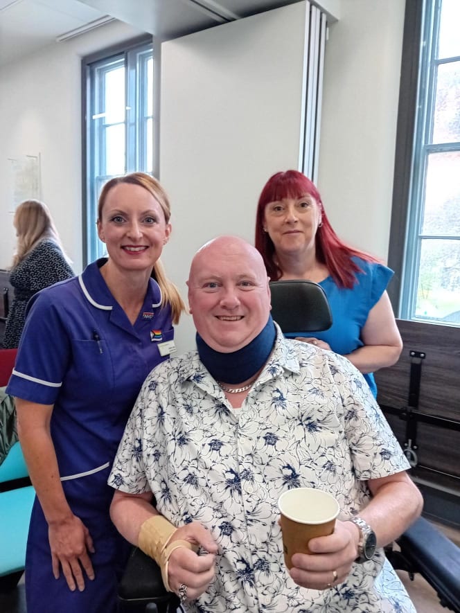 Claire Lang, Clinical Nurse specialist, patient Jonathan and his wife Louise at a session to announce the MND centre architects