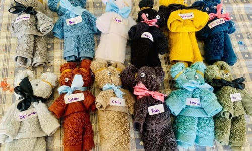 Olivias bears made out of facecloths in different colours with unique names