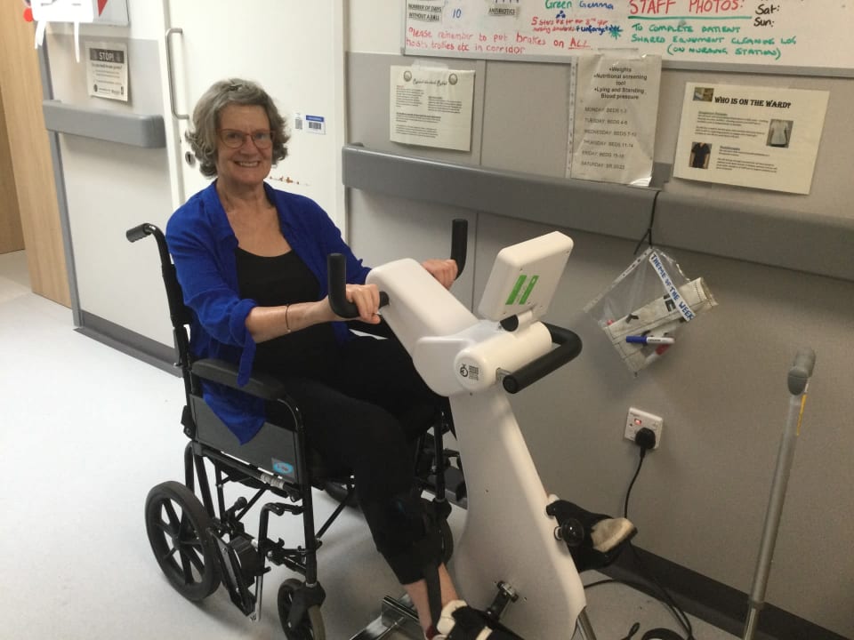 Gillian, a patient undergoing treatment at the Leeds Stoke Rehabilitation Unit using a Motomed Bike
